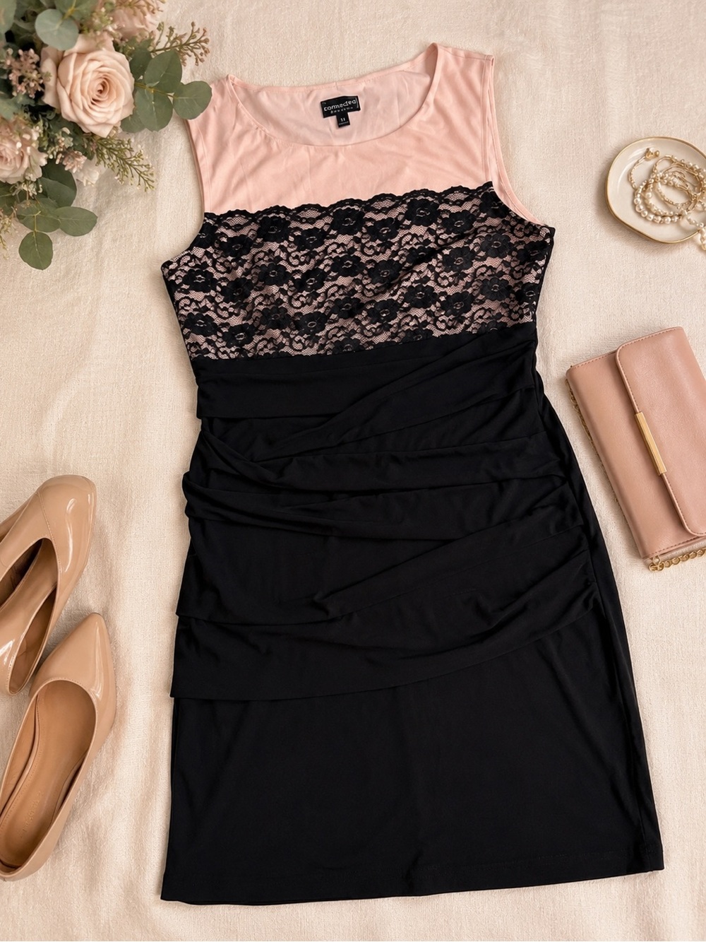 connected apparel Pink and Black Lace Sheath Dress